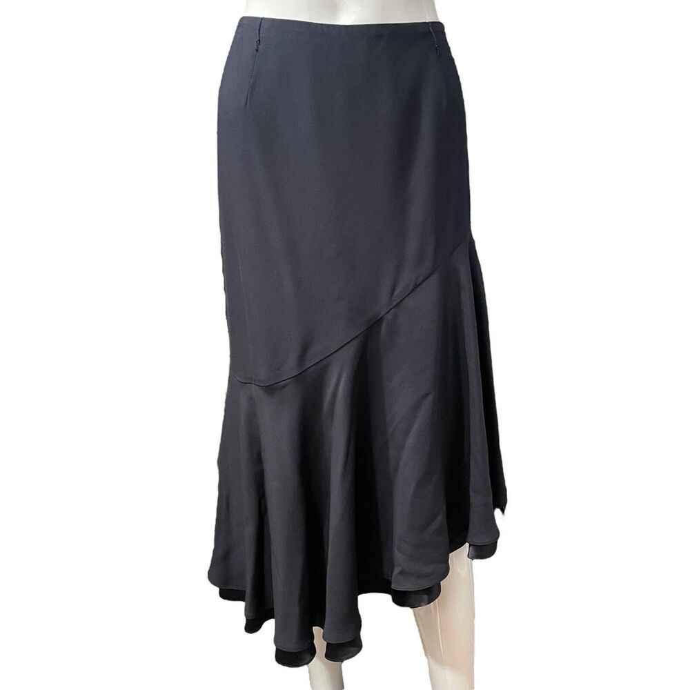 W Worth Silk Black Skirt Sz 12 Tiered Ruffled Asymmetrical Lined Zipper